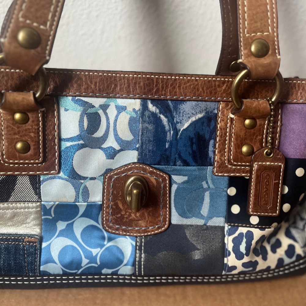 Vintage Coach Patchwork Leather-Trim Satchel Handbag Brown and Blue - Picture 2 of 6